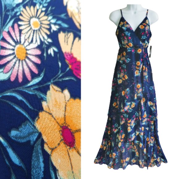 Lulus Dresses & Skirts - NEW Lulus Maxi Surplice Dress Navy Floral Hippie Boho Prom Halter Lined Zip Back